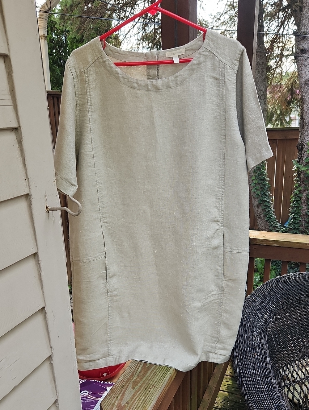 Eileen Fisher Light Tan Linen-Blend Midi Shift Dress
